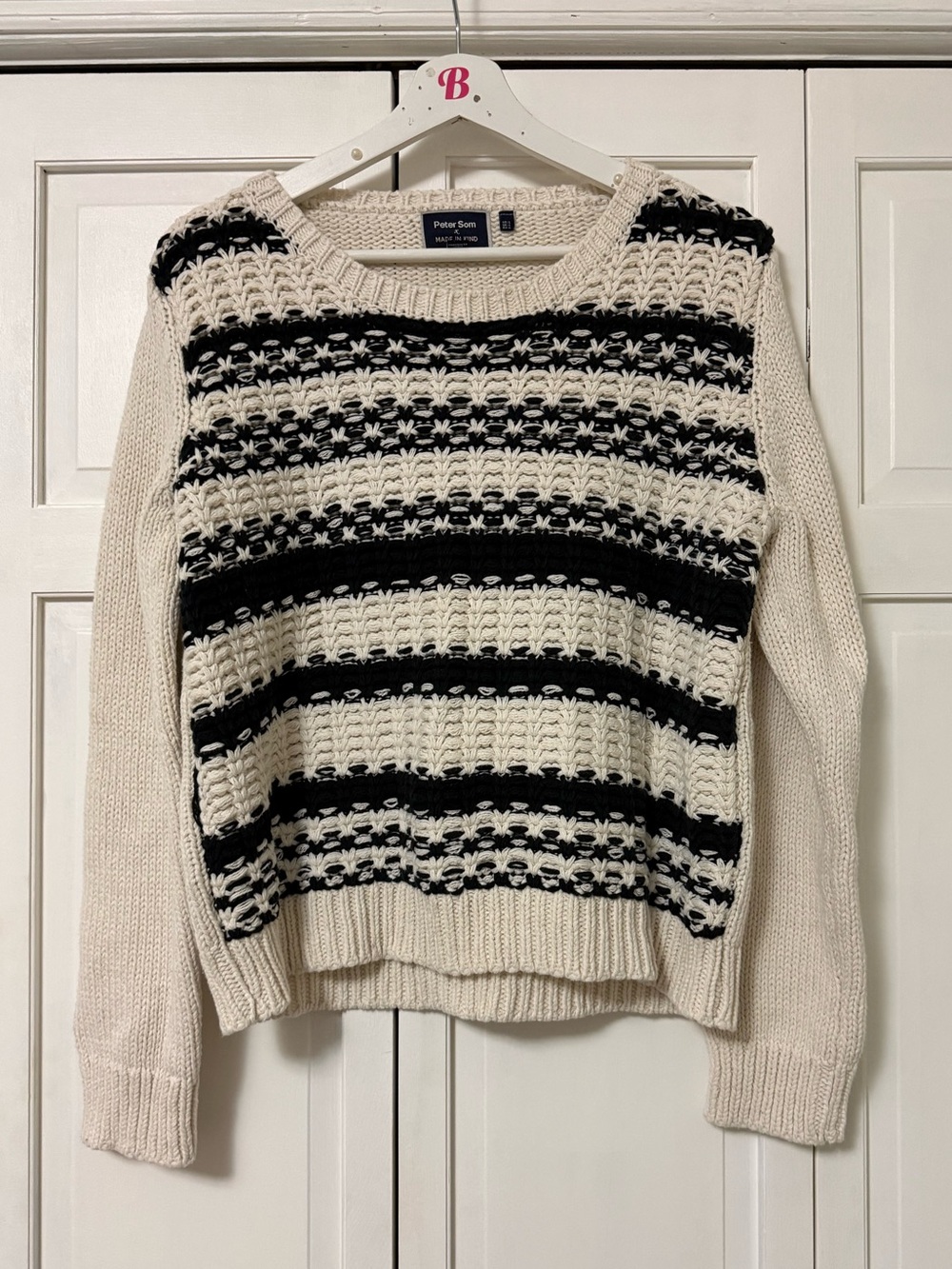 Peter Som Made In Kind Cream & Black Striped Crochet Crew Neck Sweater Large